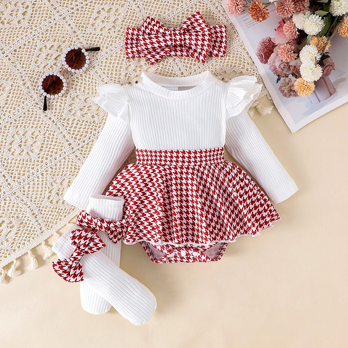 2PCS in Autumn, Baby Girls Aged 0-1 Years Old Have Comfortable Sweet and Cute Black Top + Houndstooth Skirt + Hair Band