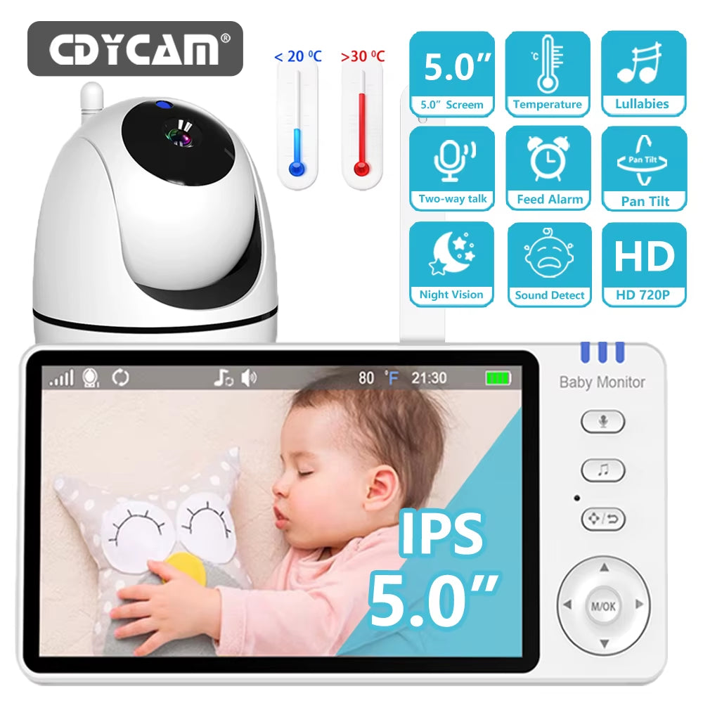 5.0 Inch Video Baby Monitor with Pan Tilt Camera Wireless Two Way Audio Night Vision Security Babysitter VOX Wake up USB Charge