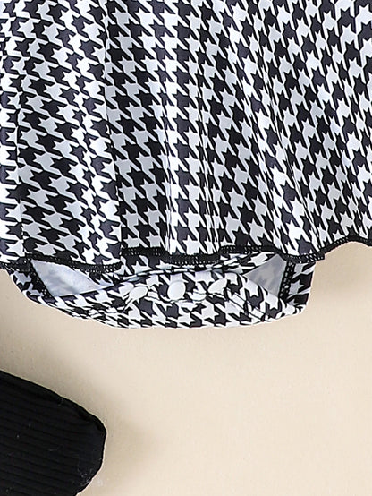 2PCS in Autumn, Baby Girls Aged 0-1 Years Old Have Comfortable Sweet and Cute Black Top + Houndstooth Skirt + Hair Band
