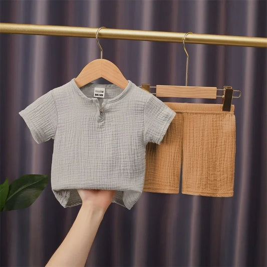 0-5Y Boys Girls Clothing Sets Summer Solid Cotton Linen T-Shirts+Elasctic Shorts Kids Clothes Casual Clothing Sets for Children