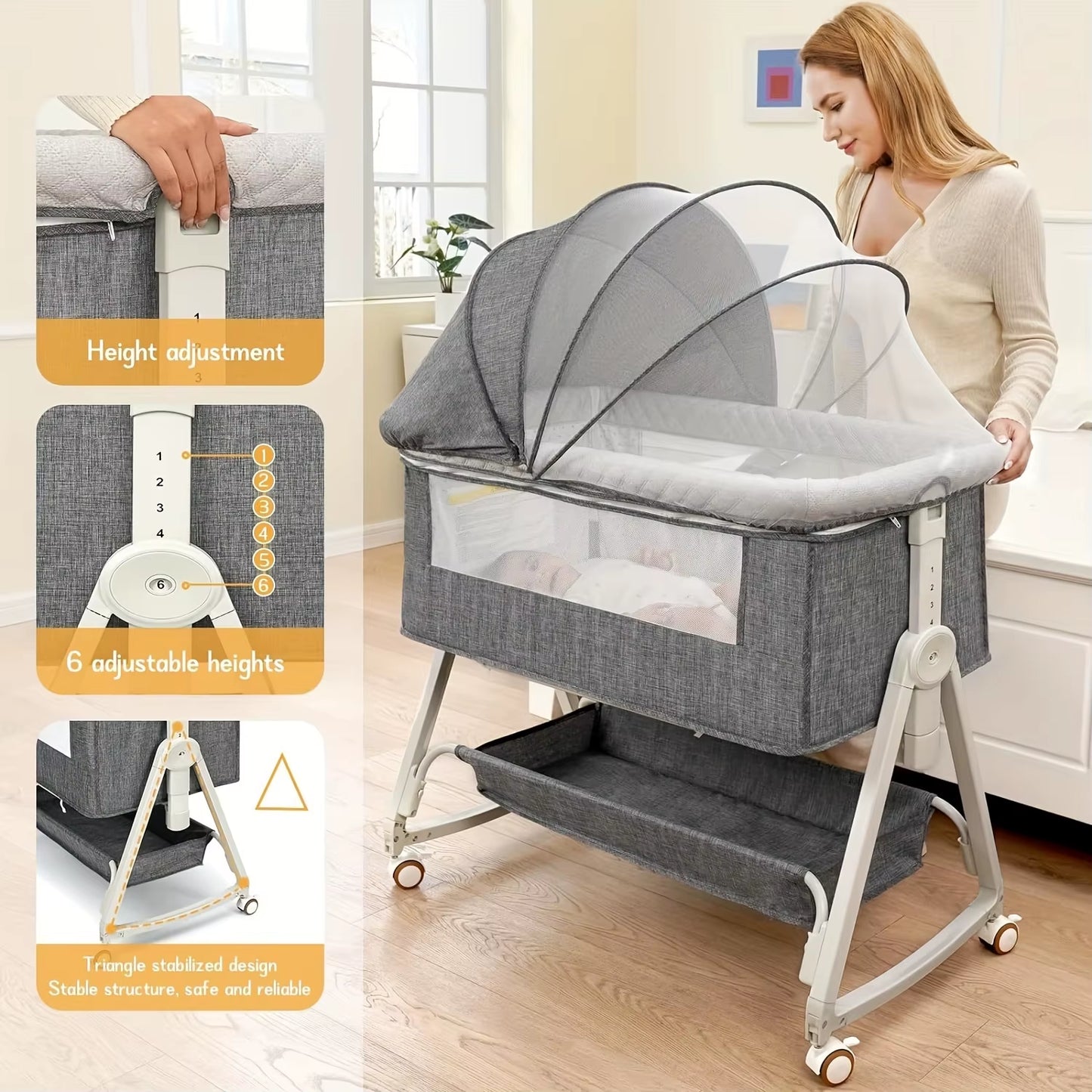 Baby Crib - Mobile Portable Baby Cradle Bed, Foldable Multi-Functional BB Bed, Newborn Children'S Splice Large Bed