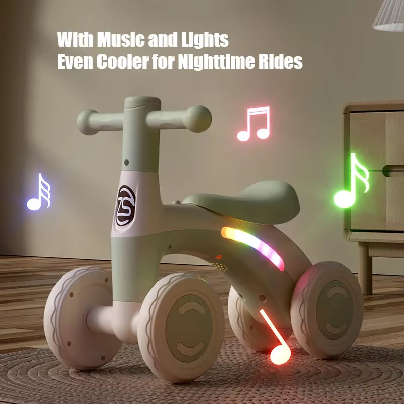 Anti-Tip Baby Balance Bike Ages 1-3 4-Wheel Silent Glider Walker Toy Toddler Training Ride-On with Safety Wheels Indoor Outdoor